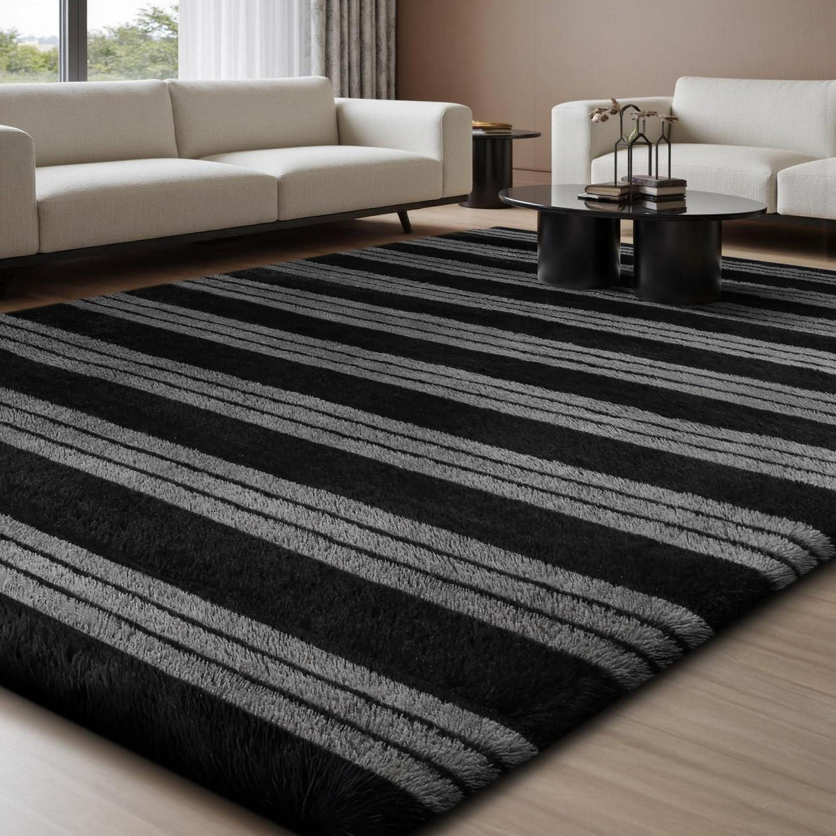 Hochflor Teppich Grau 240x300cm mit Streifen
