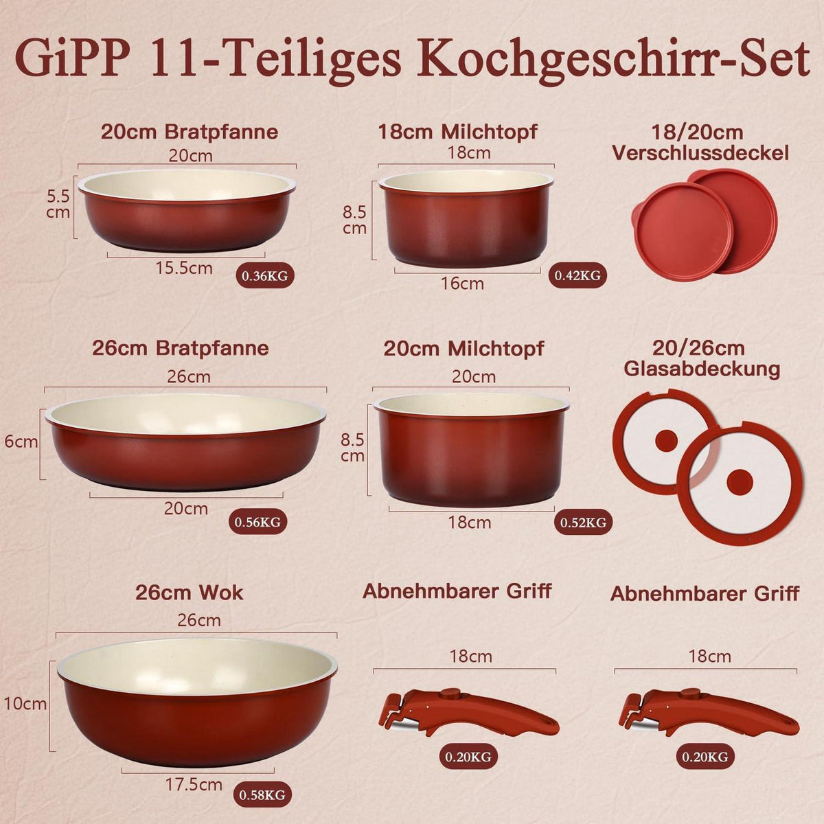 11-teiliges Topfset mit abnehmbarem Griff & Induktionsboden Rot