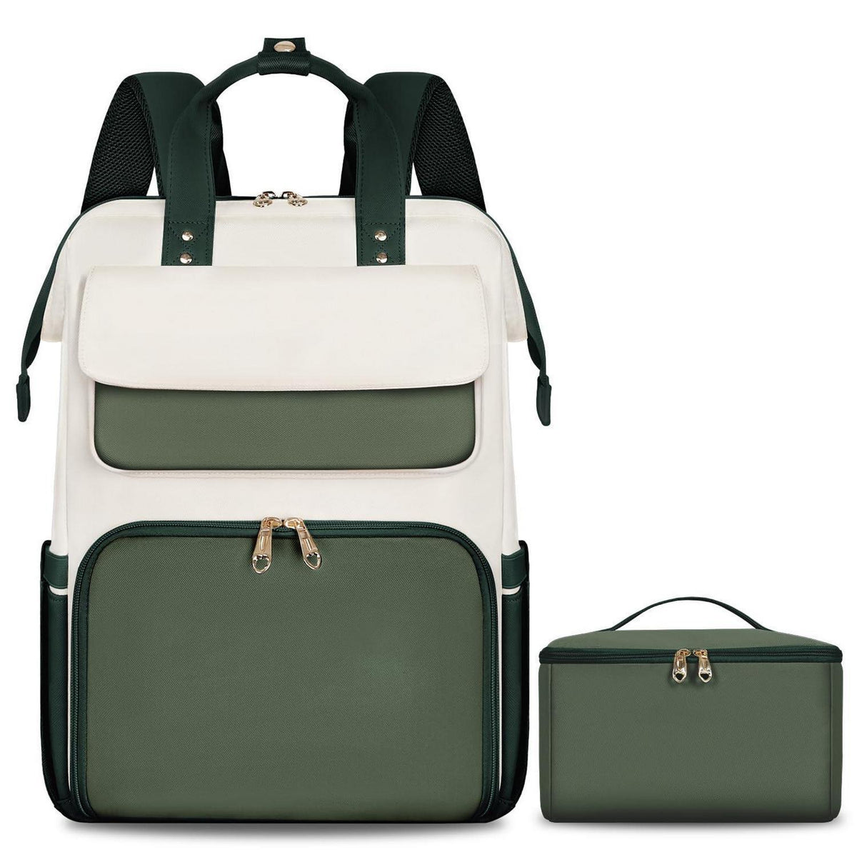 Lunch-Rucksack für Damen, Grün-Beige, mit Lunchbox & Laptopfach
