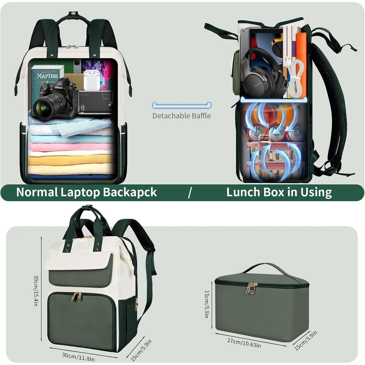Lunch-Rucksack für Damen, Grün-Beige, mit Lunchbox & Laptopfach