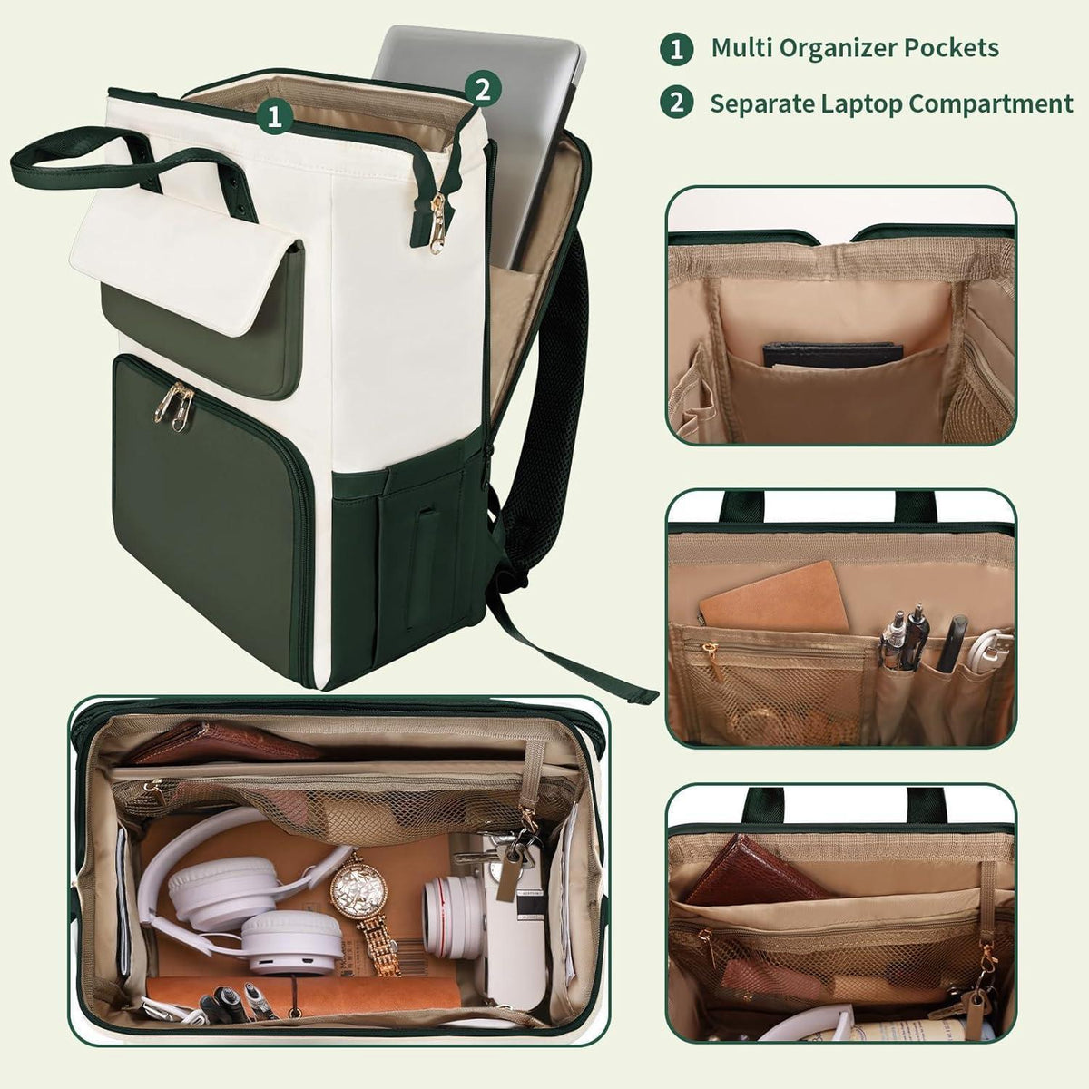 Lunch-Rucksack für Damen, Grün-Beige, mit Lunchbox & Laptopfach