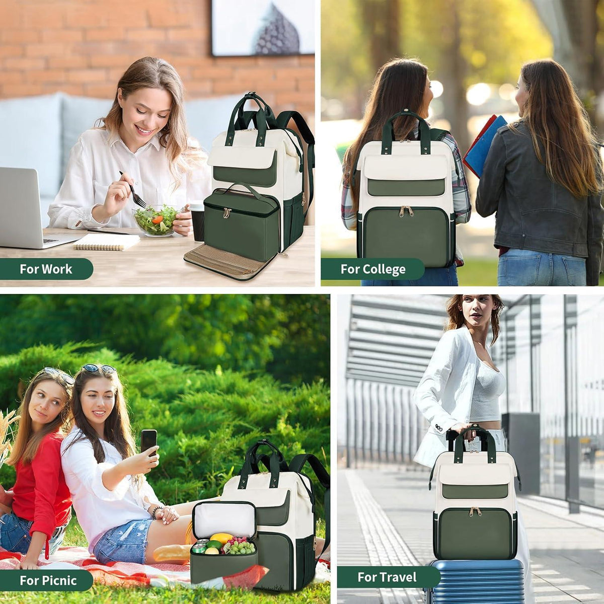 Lunch-Rucksack für Damen, Grün-Beige, mit Lunchbox & Laptopfach