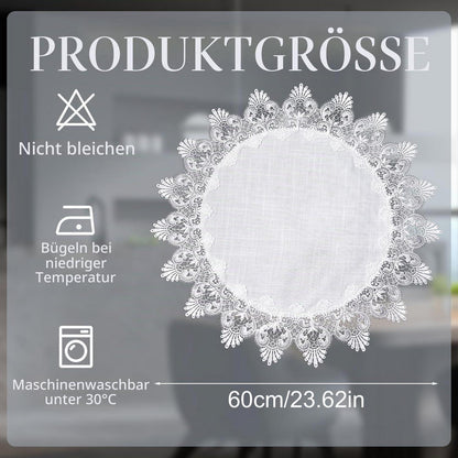 Runder Leinentischläufer Beige Blumenmuster 60cm - Rustikale Tischdeko