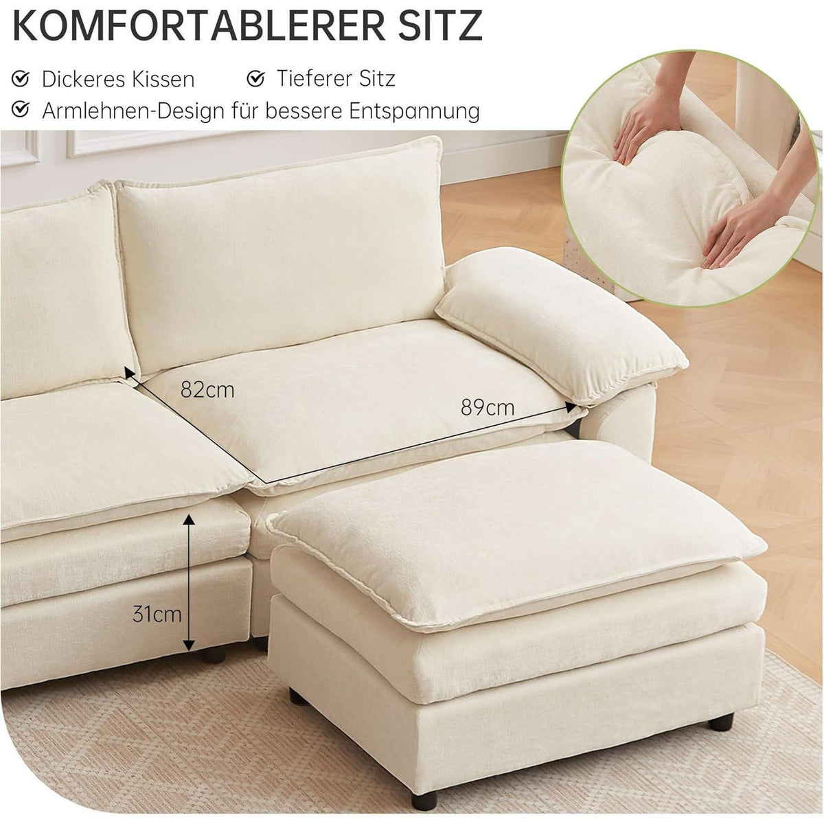 JIEXI Ecksofa mit Schlaffunktion – Beige, 4-Sitzer, U-Form