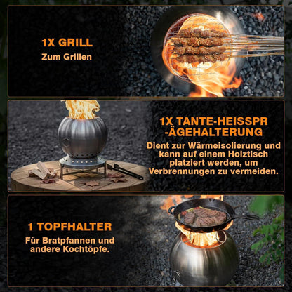 Edelstahl Feuerschale mit Grillrost – Rauchfrei & Vielseitig