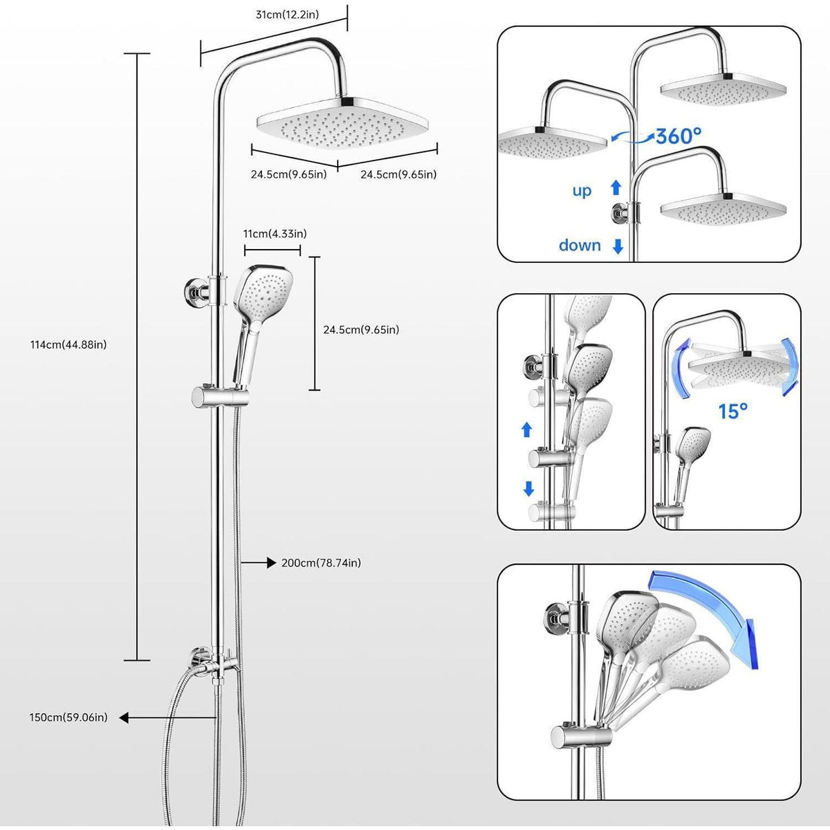 Quadratische Regendusche 30x30cm Chrom – Duschsystem ohne Armatur