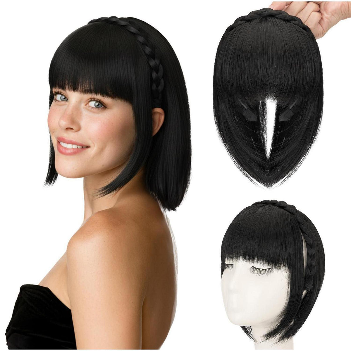 Stirnband mit Pony – Synthetischer Haaraufsatz Schwarz
