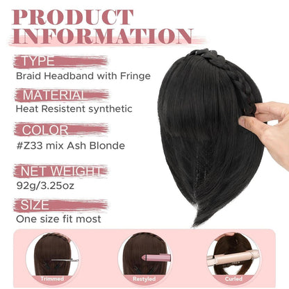 Stirnband mit Pony – Synthetischer Haaraufsatz Schwarz