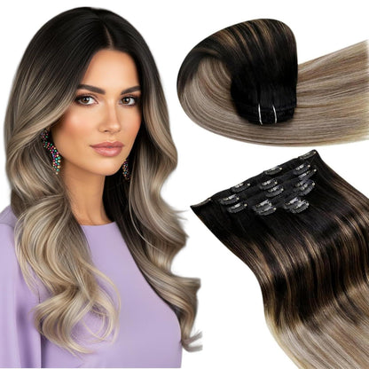 Echthaar Clip-In Haarverlängerung Schwarz Ombre Braun Blond