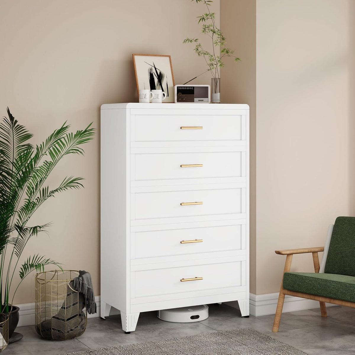 Hoche Kommode 135cm | 5 Schubladen, Weiß | Schlafzimmer & Büro