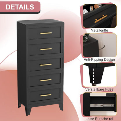 Hoche Kommode 135cm | 5 Schubladen, Schwarz | Multifunktions-Schrank