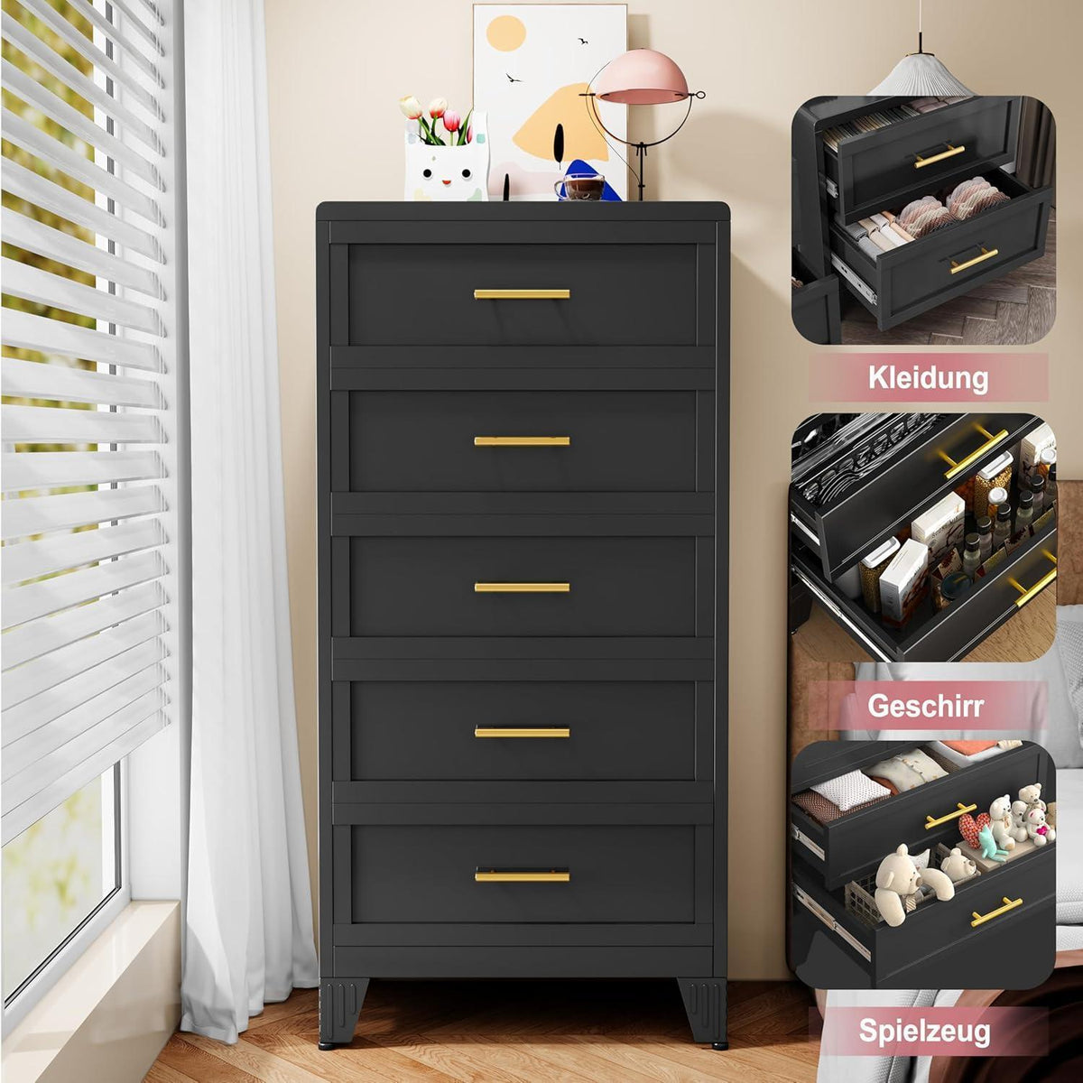 Hoche Kommode 135cm | 5 Schubladen, Schwarz | Multifunktions-Schrank