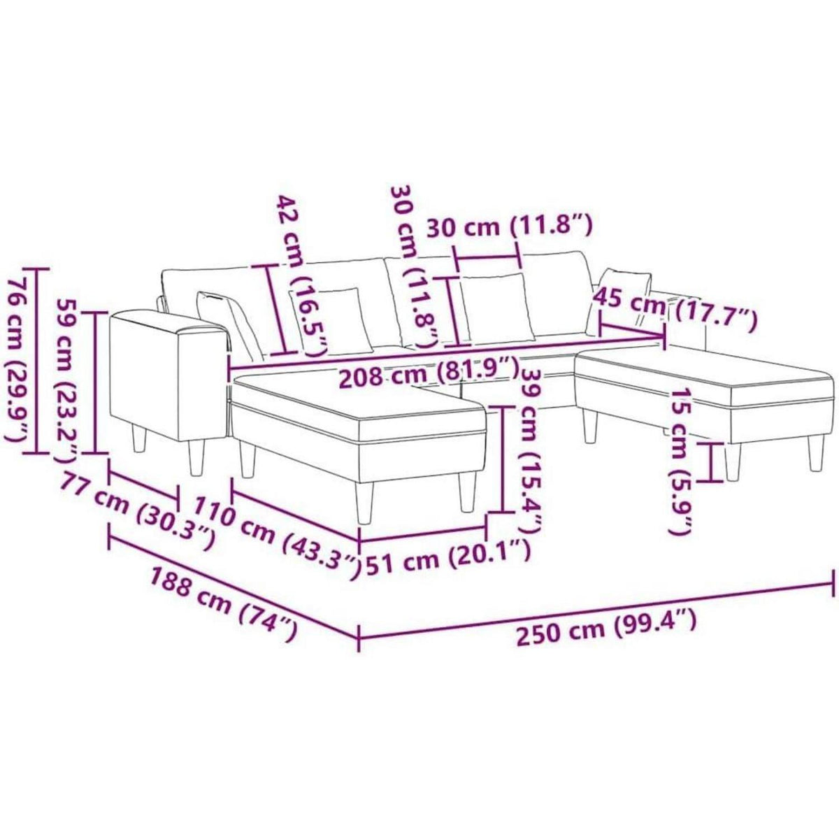 Polstersofa Samt Grau 208cm mit Ottomane & Kissen