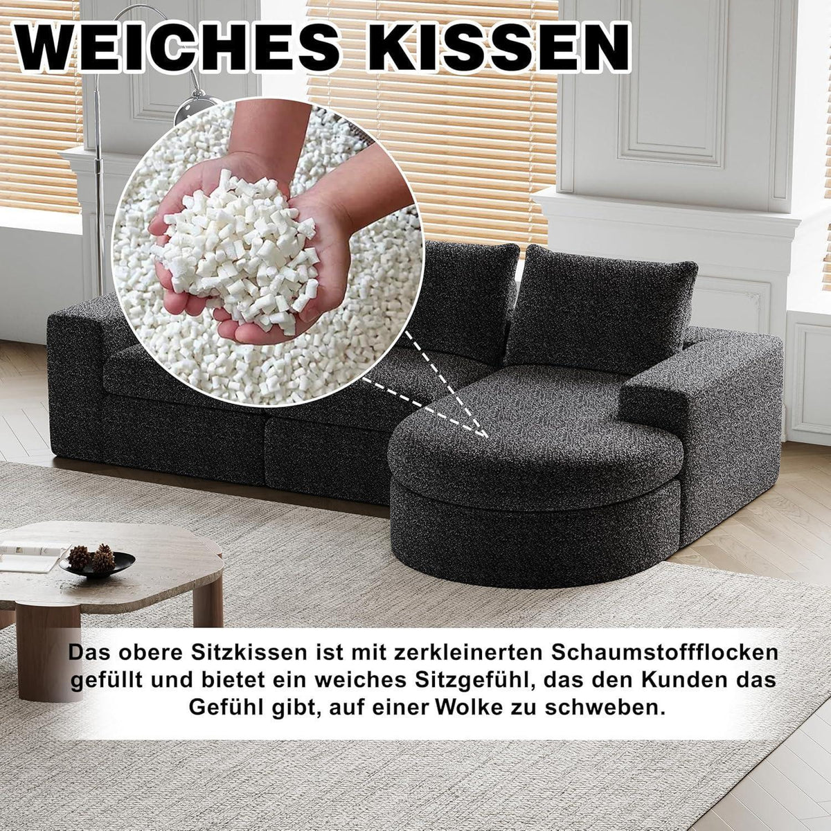Modulares Ecksofa mit Chaiselongue & Chenille-Bezügen Schwarz