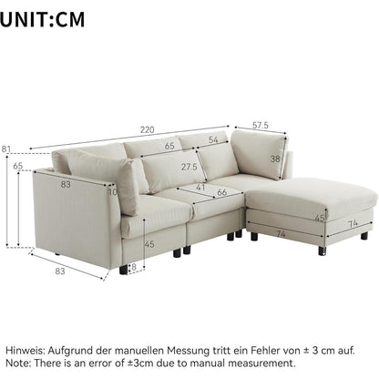 Modernes 3-Sitzer Sofa mit Fußhocker & Schlaffunktion, Beige