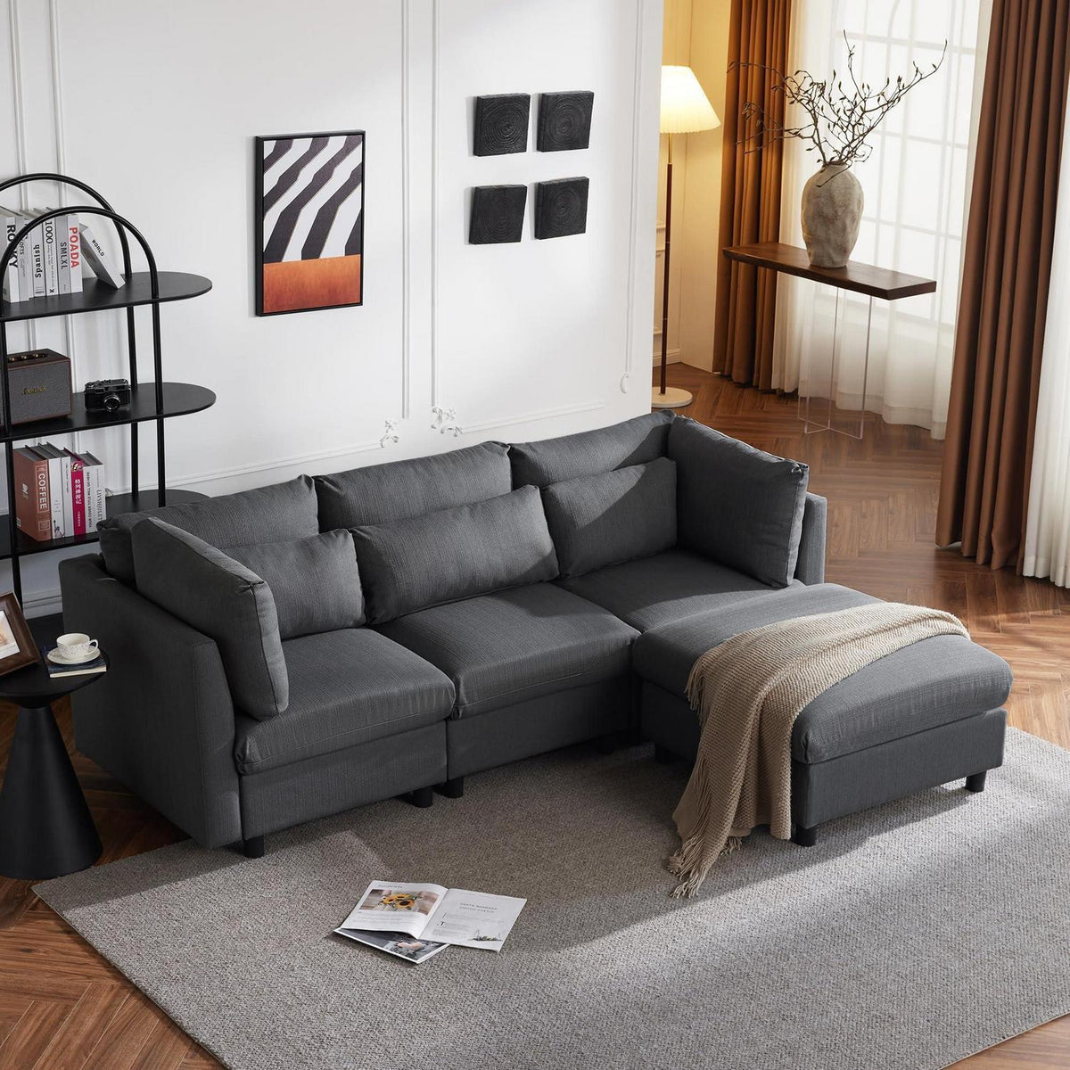 Modernes 3-Sitzer Sofa mit Fußhocker & Schlaffunktion, Grau