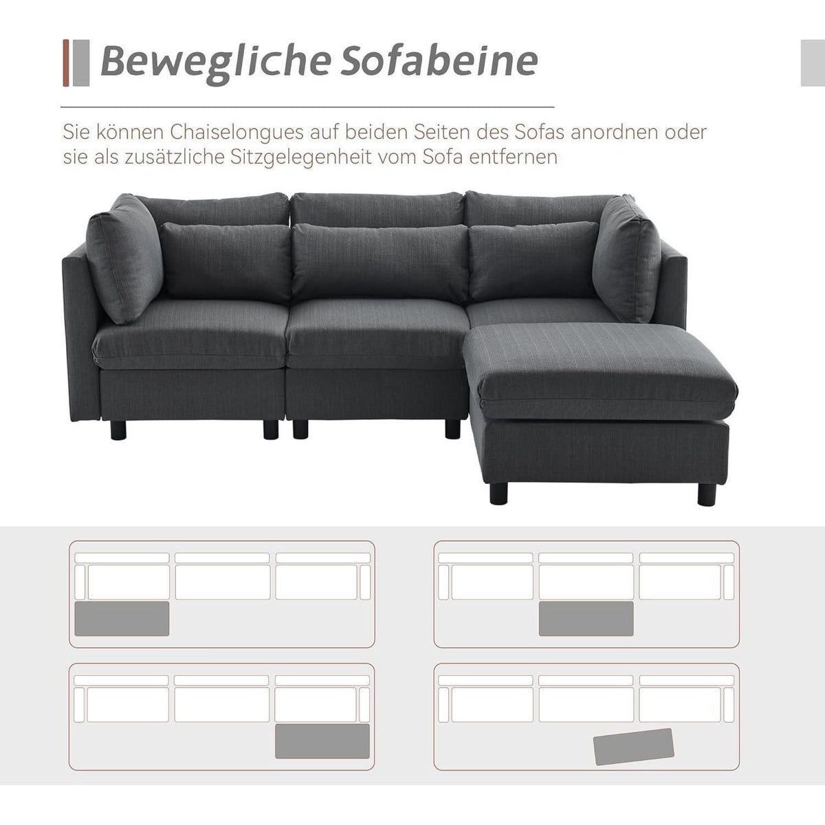 Modernes 3-Sitzer Sofa mit Fußhocker & Schlaffunktion, Grau