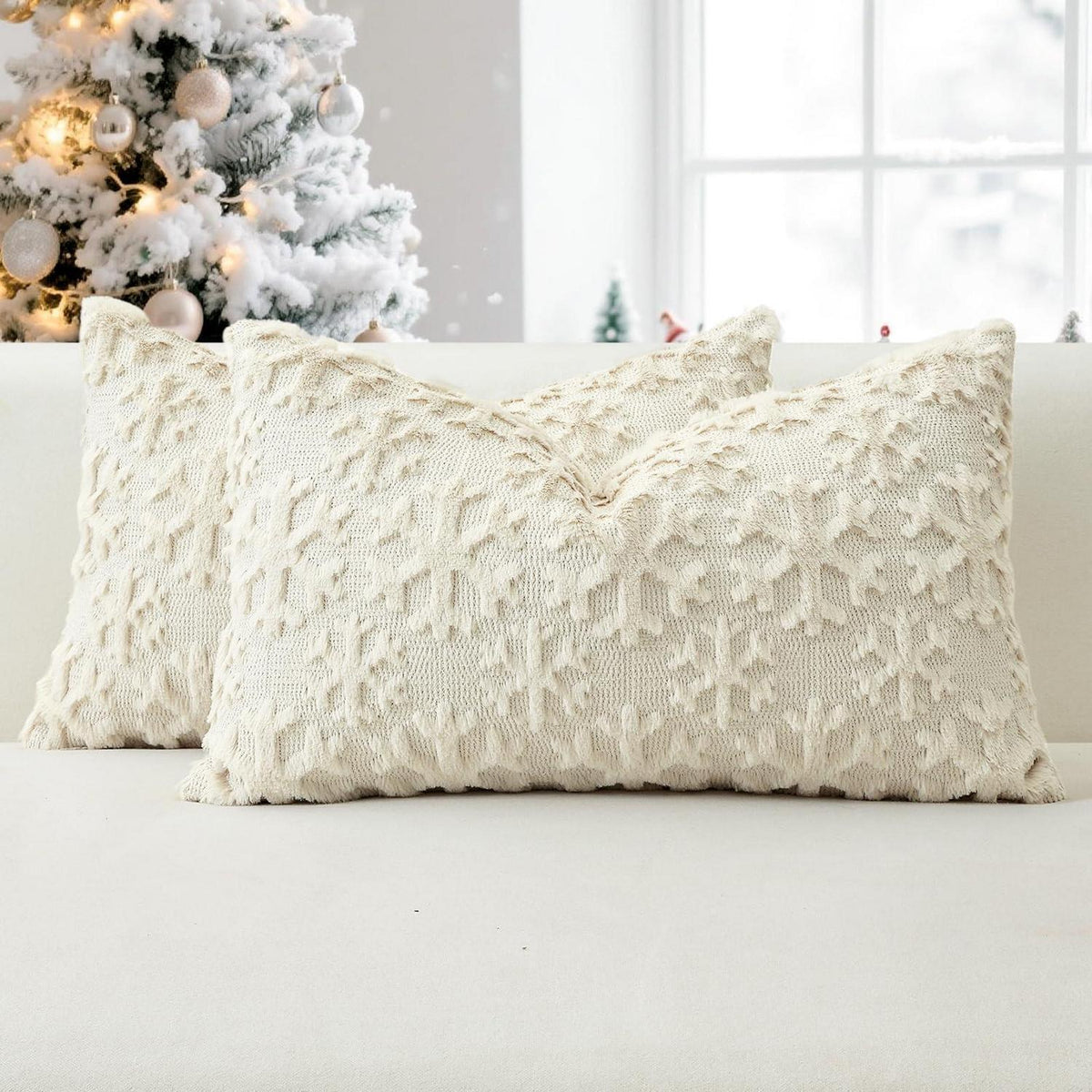 Weihnachtliche Kissenbezüge 2er Set Schneeflocken 40x60 cm Creme