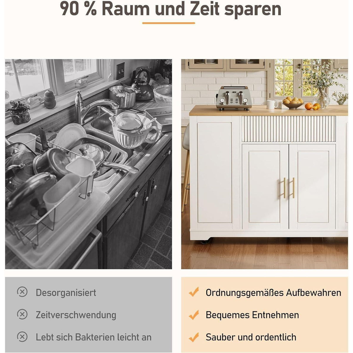 Kücheninsel mit Rollen & Mülleimerfach – Weiß