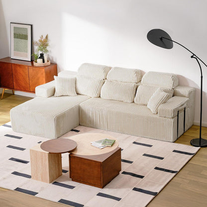 L-Form Schlafsofa Cord 276cm – Weiß, Ottomane links/rechts