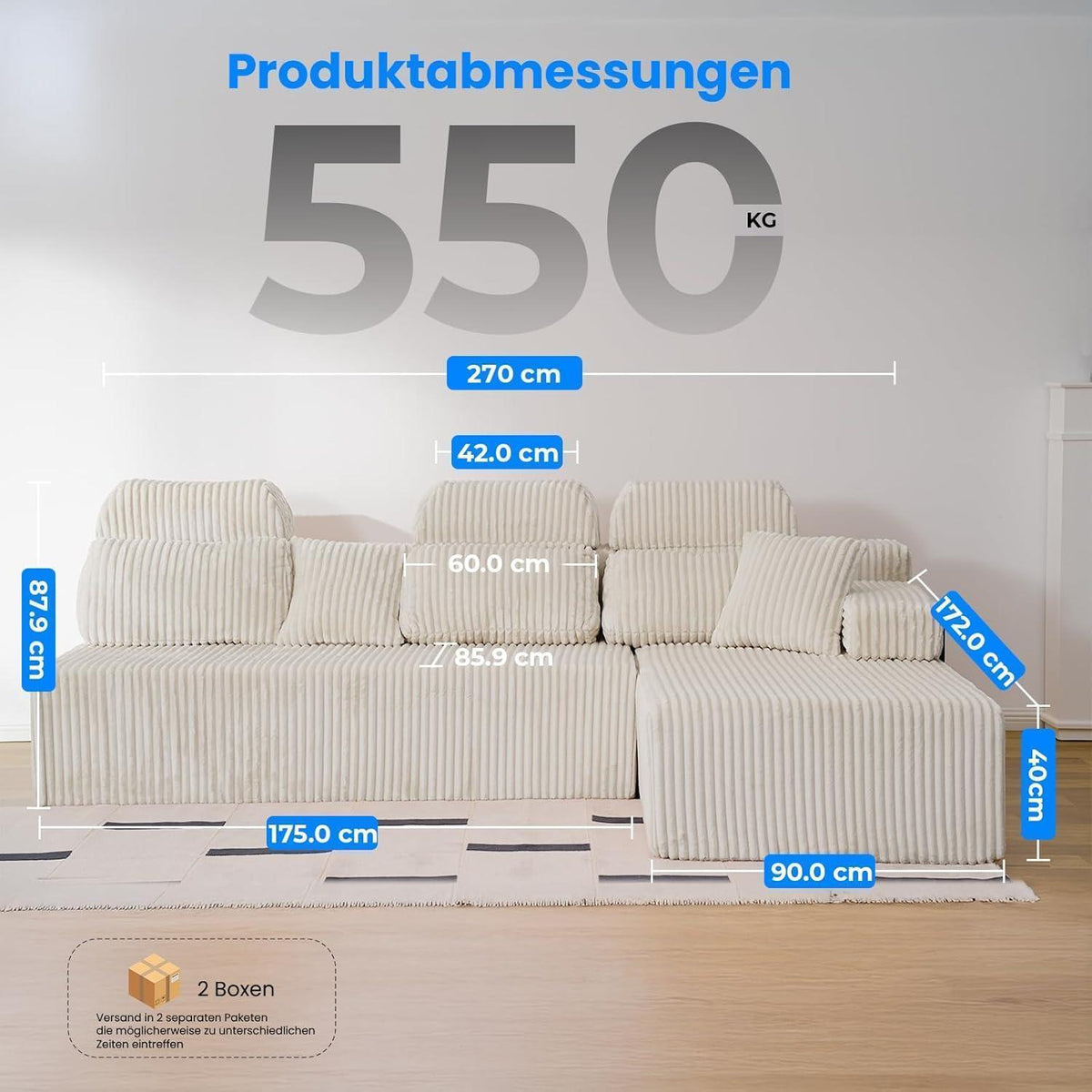 L-Form Schlafsofa Cord 276cm – Weiß, Ottomane links/rechts
