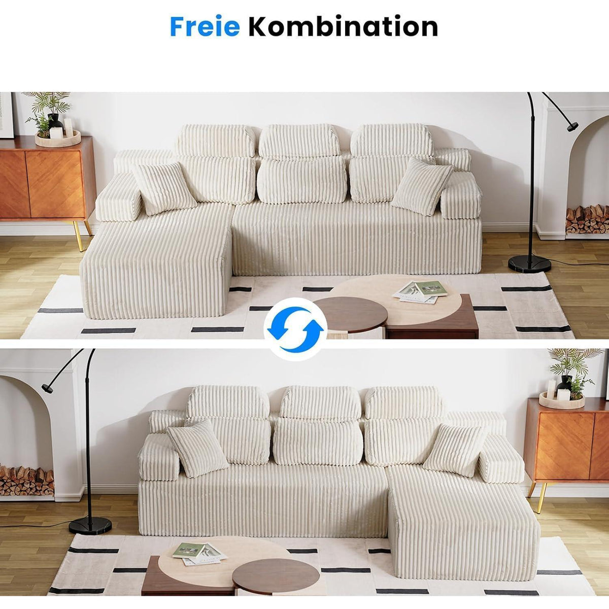L-Form Schlafsofa Cord 276cm – Weiß, Ottomane links/rechts