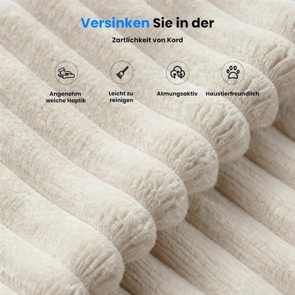 L-Form Schlafsofa Cord 276cm – Weiß, Ottomane links/rechts