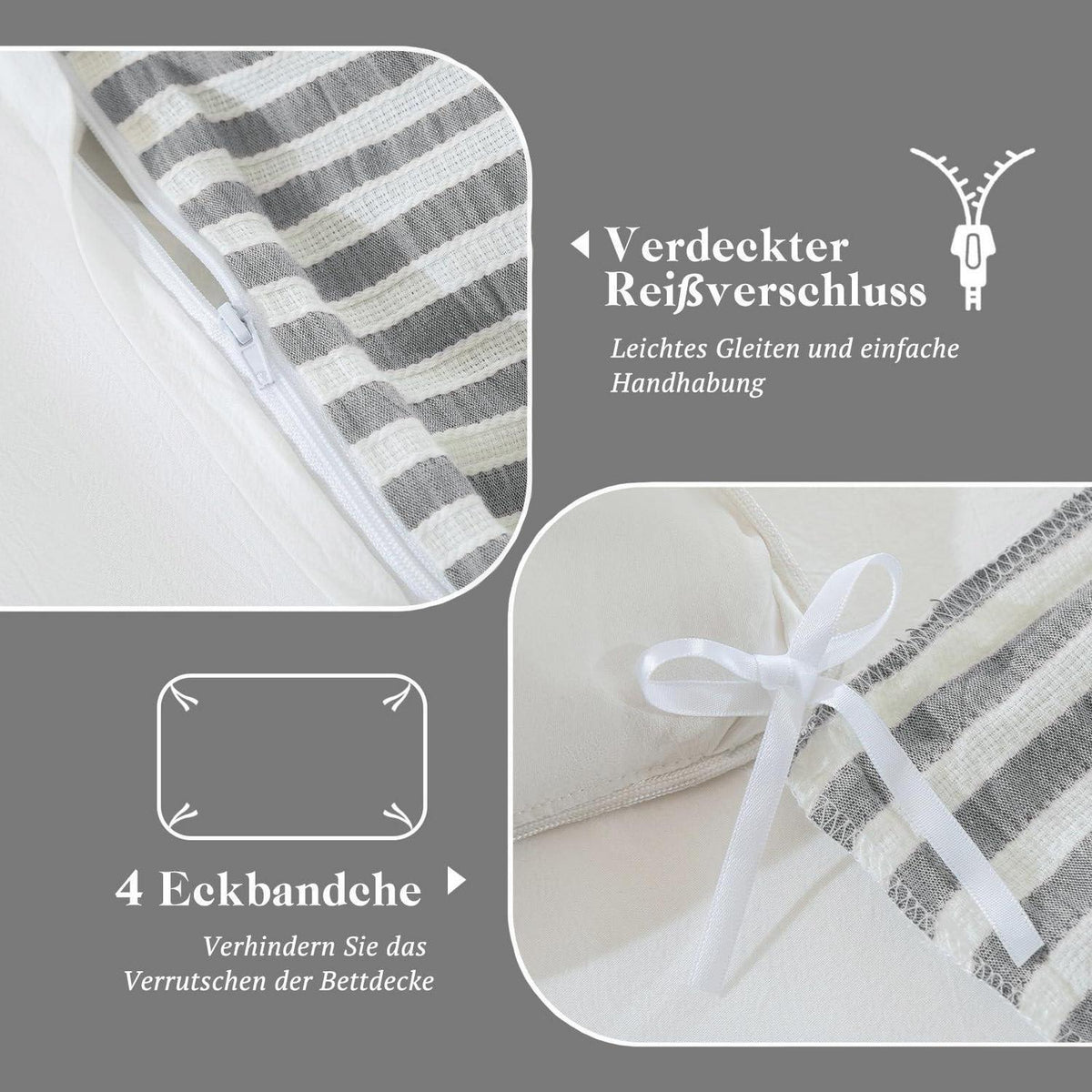 Bettwäsche-Set 135x200 Baumwolle Gestreift Hellgrau & Weiß 4tlg.