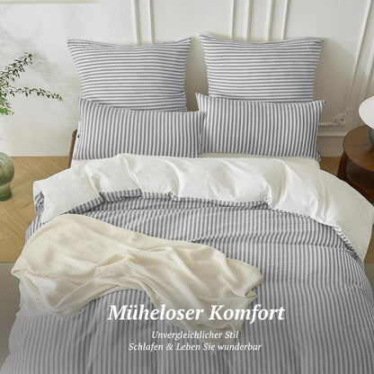 Bettwäsche-Set 135x200 Baumwolle Gestreift Hellgrau & Weiß 4tlg.