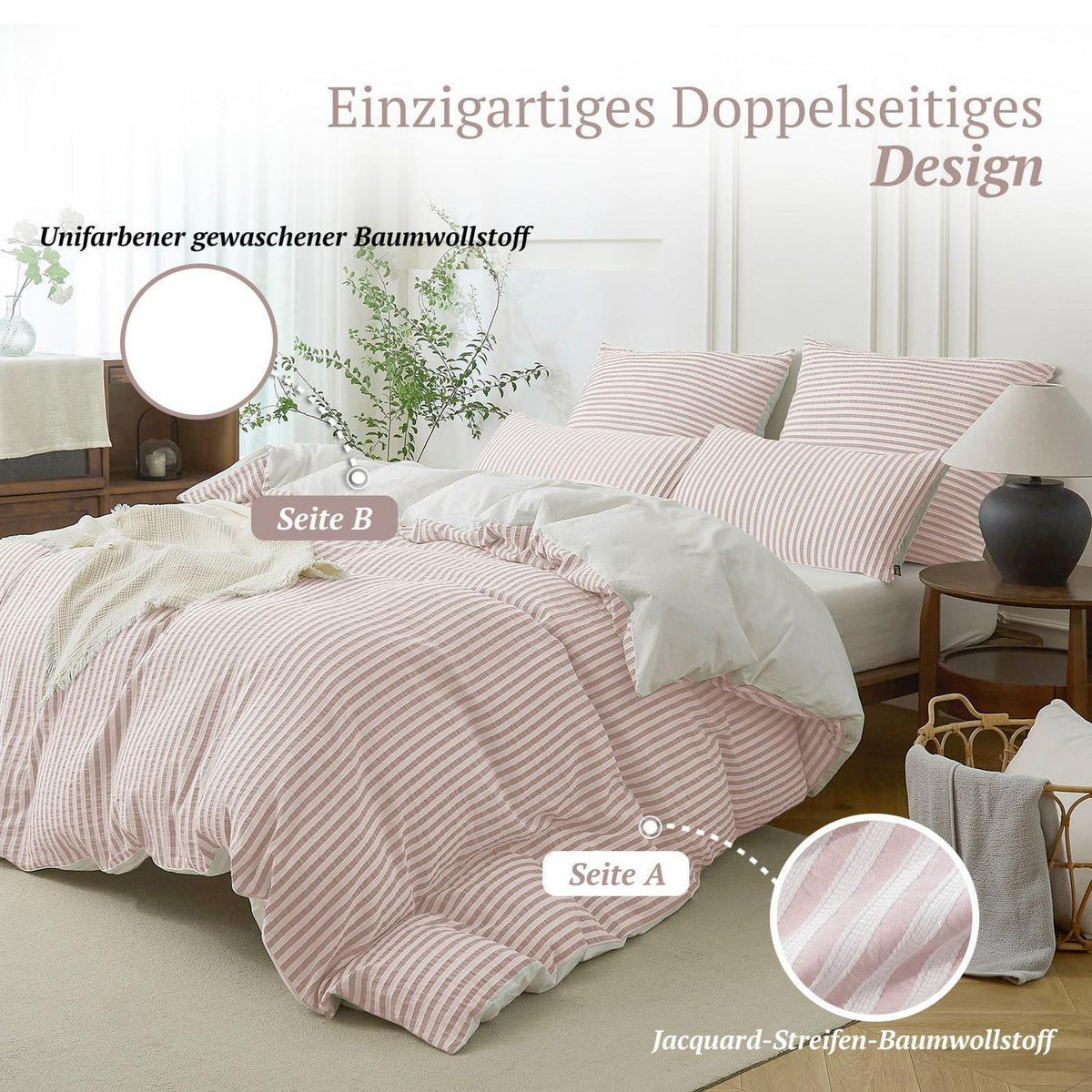 Bettwäsche-Set 135x200 Baumwolle Gestreift Rosa & Weiß 4tlg.
