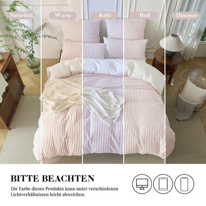 Bettwäsche-Set 135x200 Baumwolle Gestreift Rosa & Weiß 4tlg.