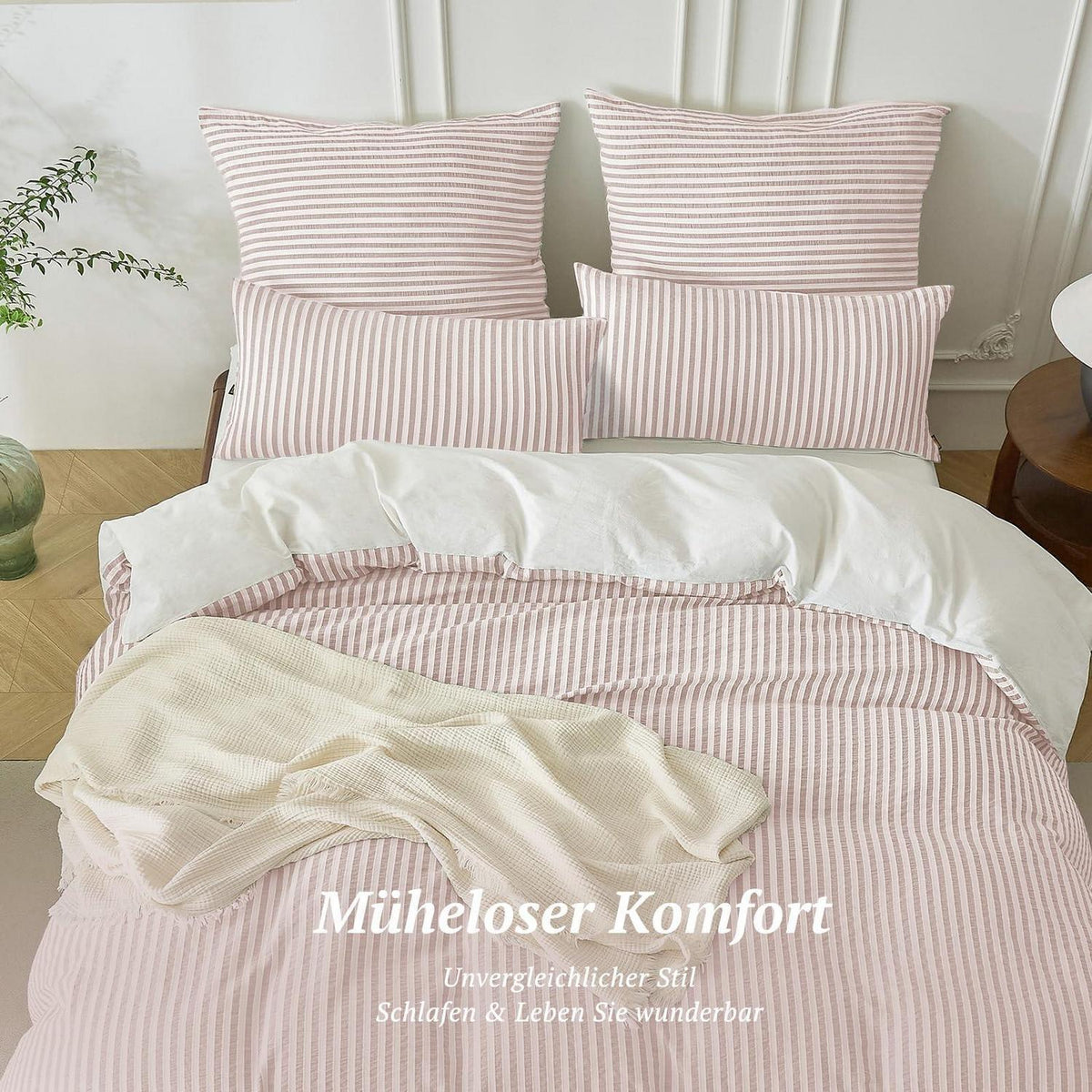 Bettwäsche-Set 135x200 Baumwolle Gestreift Rosa & Weiß 4tlg.