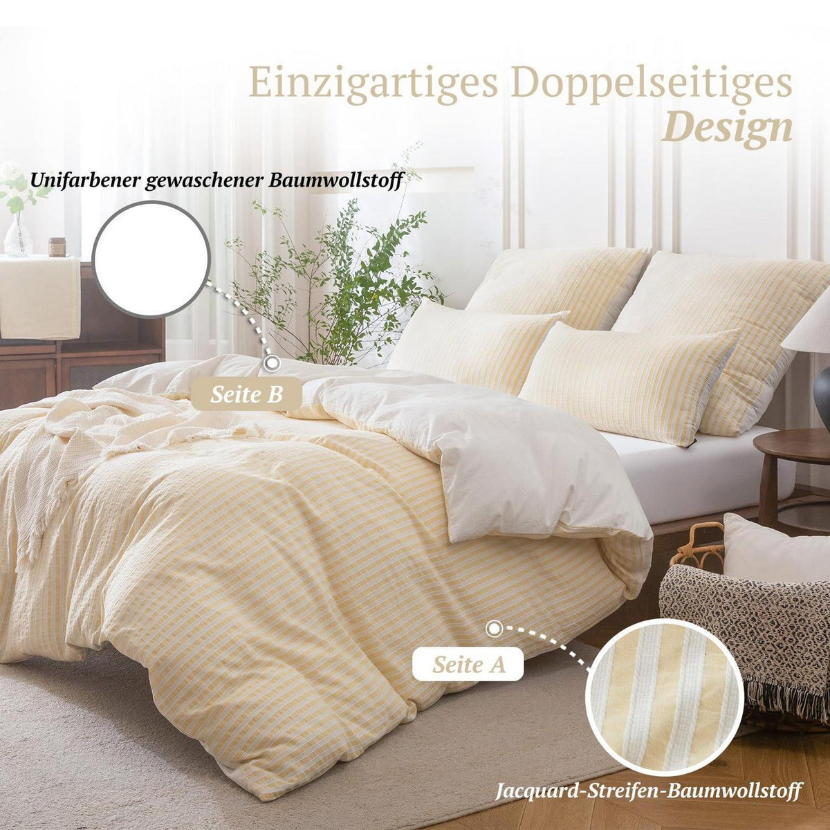Bettwäsche-Set 135x200 Baumwolle Gestreift Gelb & Weiß 4tlg.
