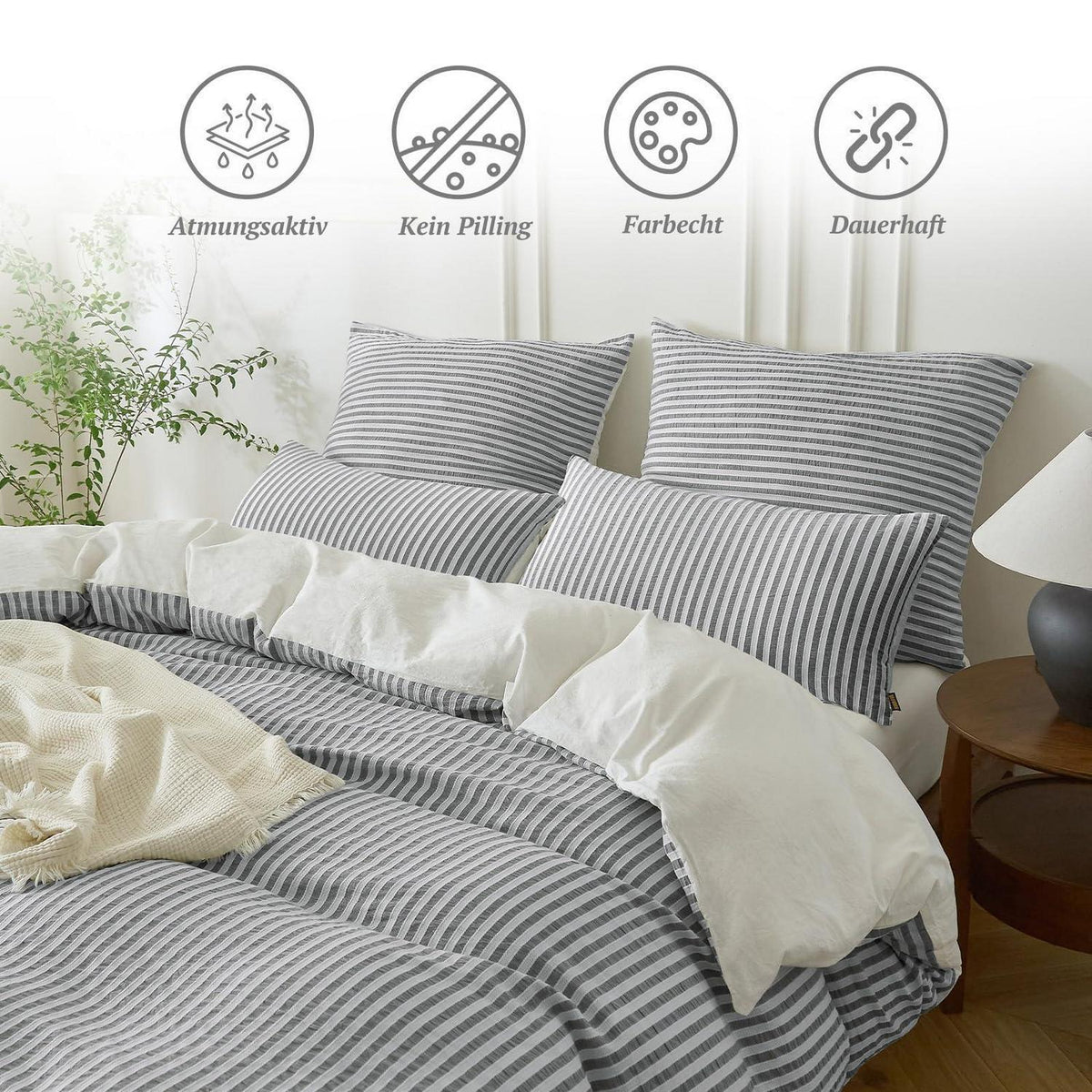Bettwäsche-Set 135x200 Baumwolle Gestreift Dunkelgrau & Weiß 4tlg.