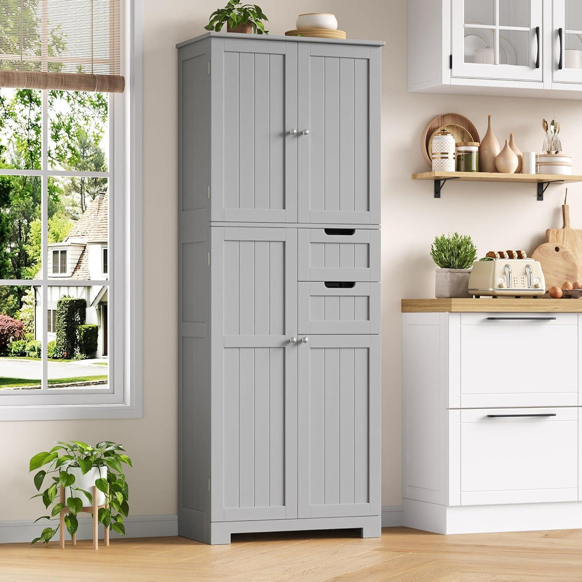 Hochschrank Badezimmerschrank mit 4 Türen & 2 Schubladen, Grau