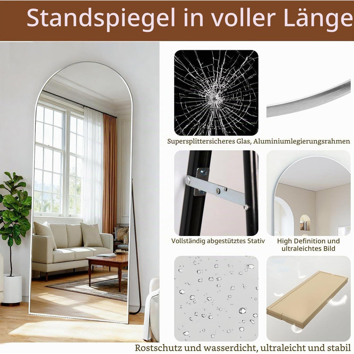 Gewölbter Standspiegel in voller Länge – 162cm, Weiß