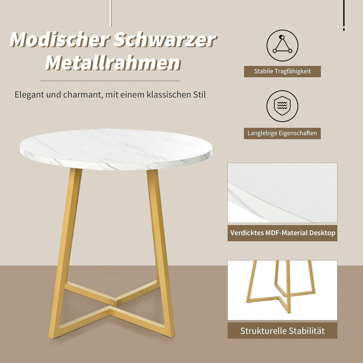 Moderner Esstisch Set 5-teilig Schwarz Gold 80x75cm