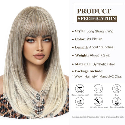 Aschblond Perücke mit Pony – Langes, glattes Synthetikhaar