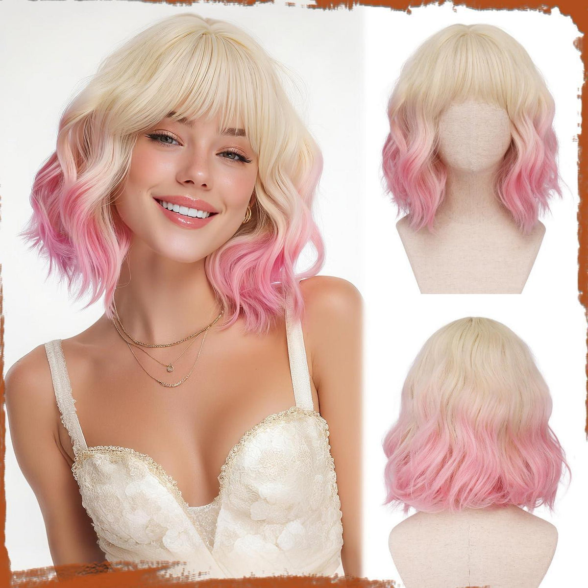 Bob Perücke mit Pony, Cremefarben-Gold Übergang, Rosa Locken