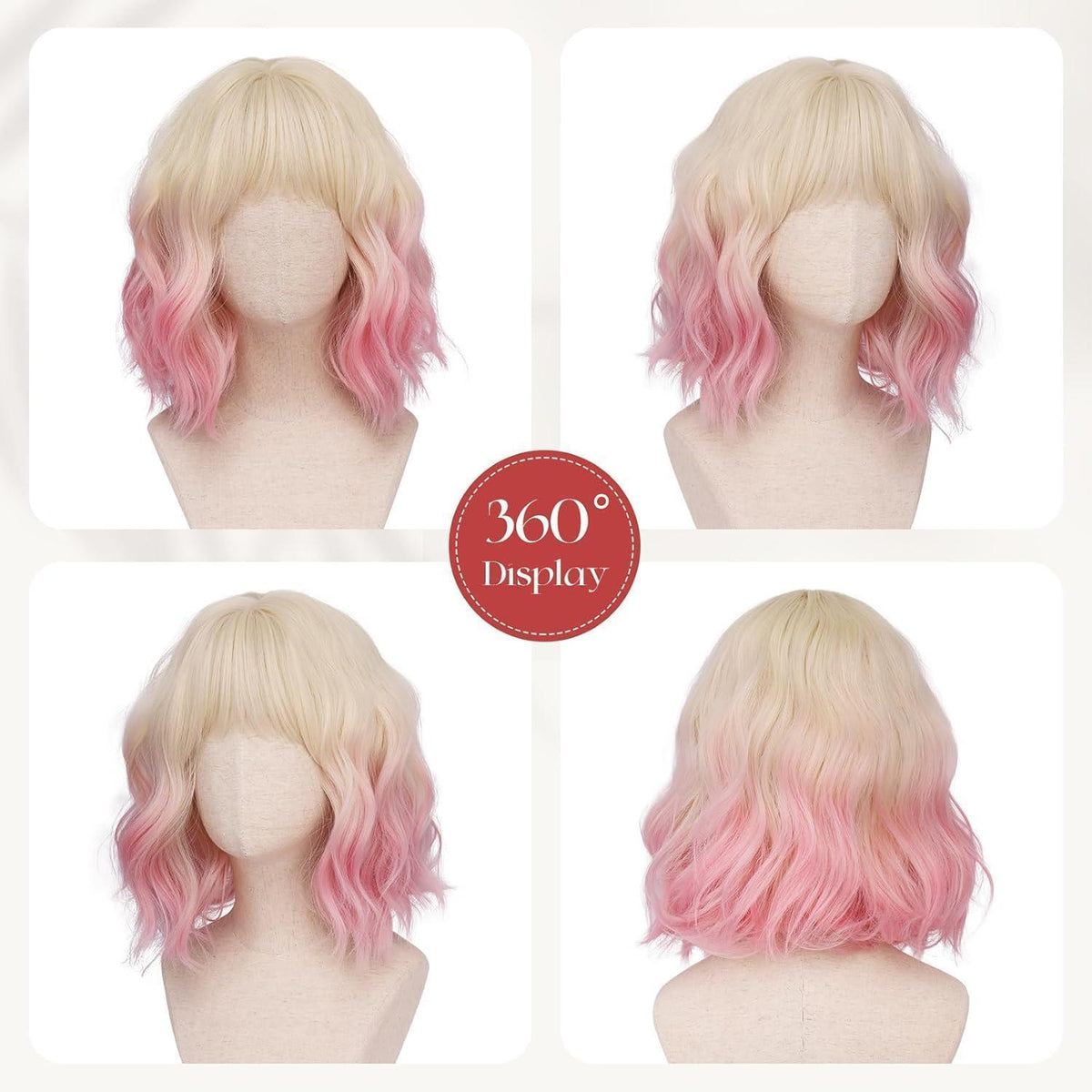Bob Perücke mit Pony, Cremefarben-Gold Übergang, Rosa Locken