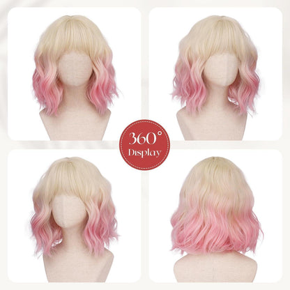 Bob Perücke mit Pony, Cremefarben-Gold Übergang, Rosa Locken