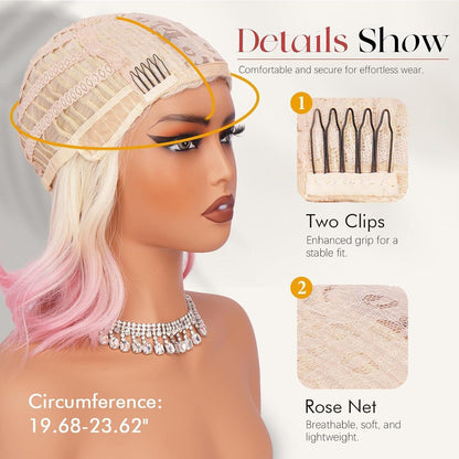 Bob Perücke mit Pony, Cremefarben-Gold Übergang, Rosa Locken
