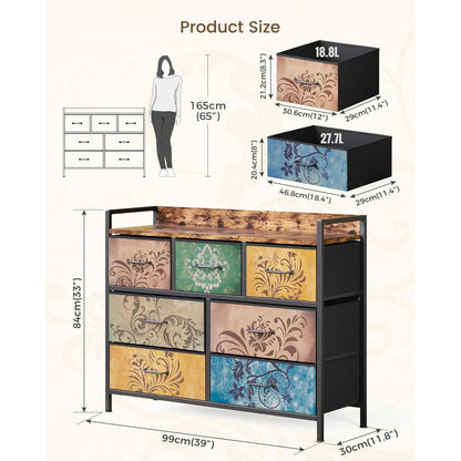 Kommode mit 7 Schubladen, Vintage-Blumenmuster, Rustikales Design