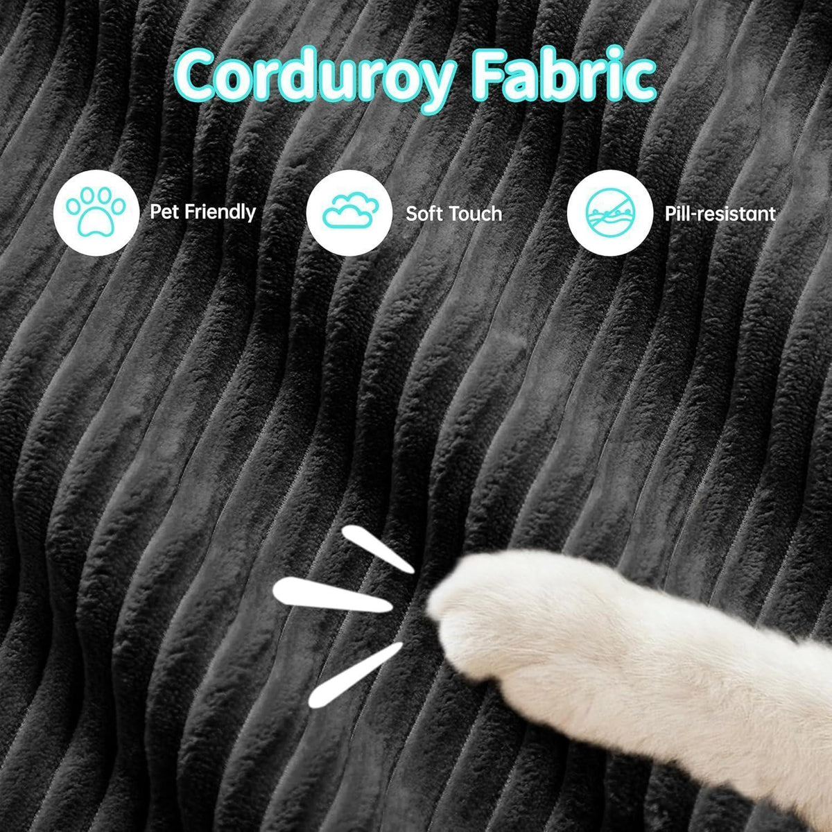 Modulares 3-Sitzer Cord Sofa mit Ottomane – Schwarz