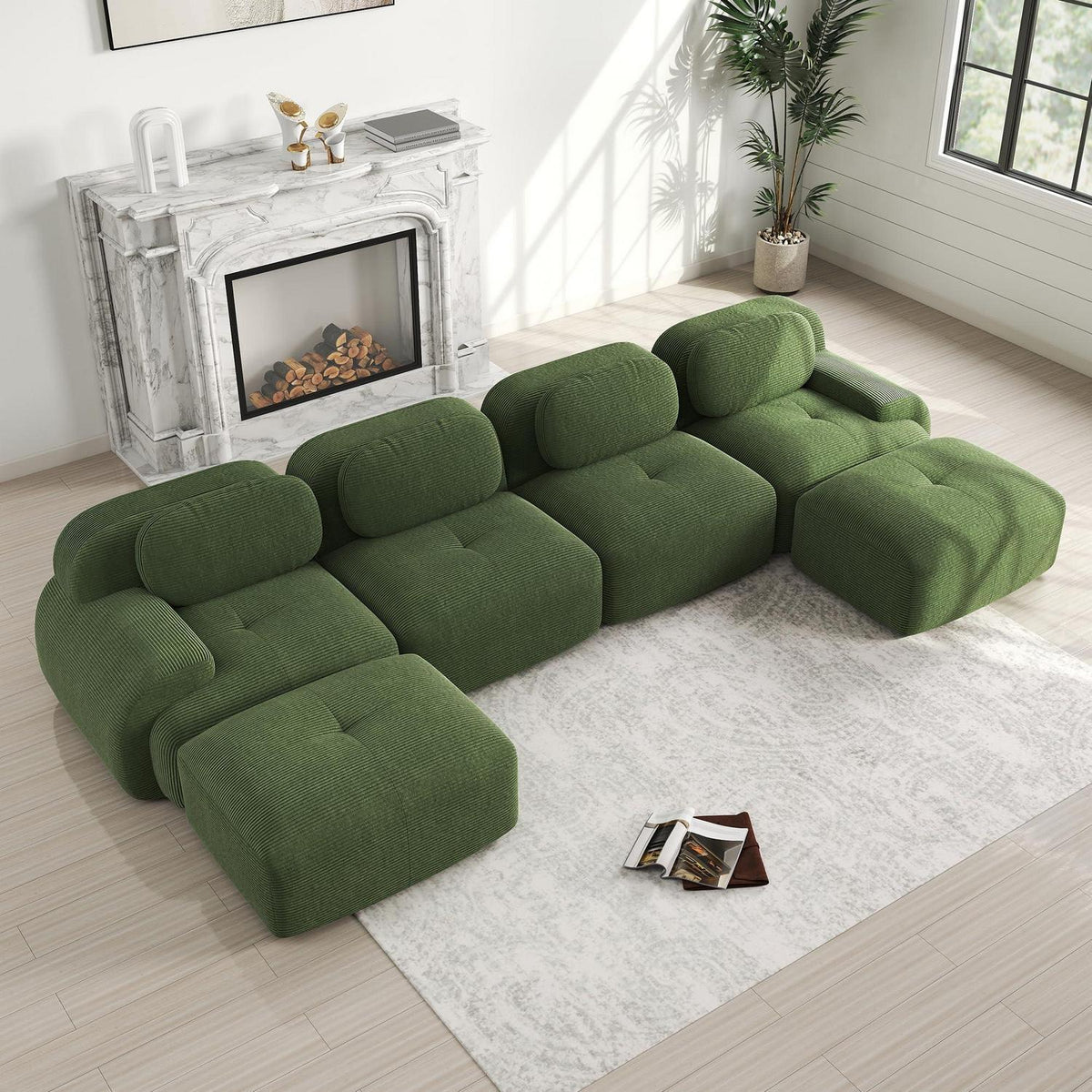Modulares Cord Sofa 4-Sitzer mit Ottomane – Grün