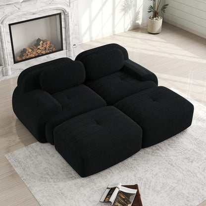 Modulares 2-Sitzer Cord Sofa mit Ottomane – Schwarz