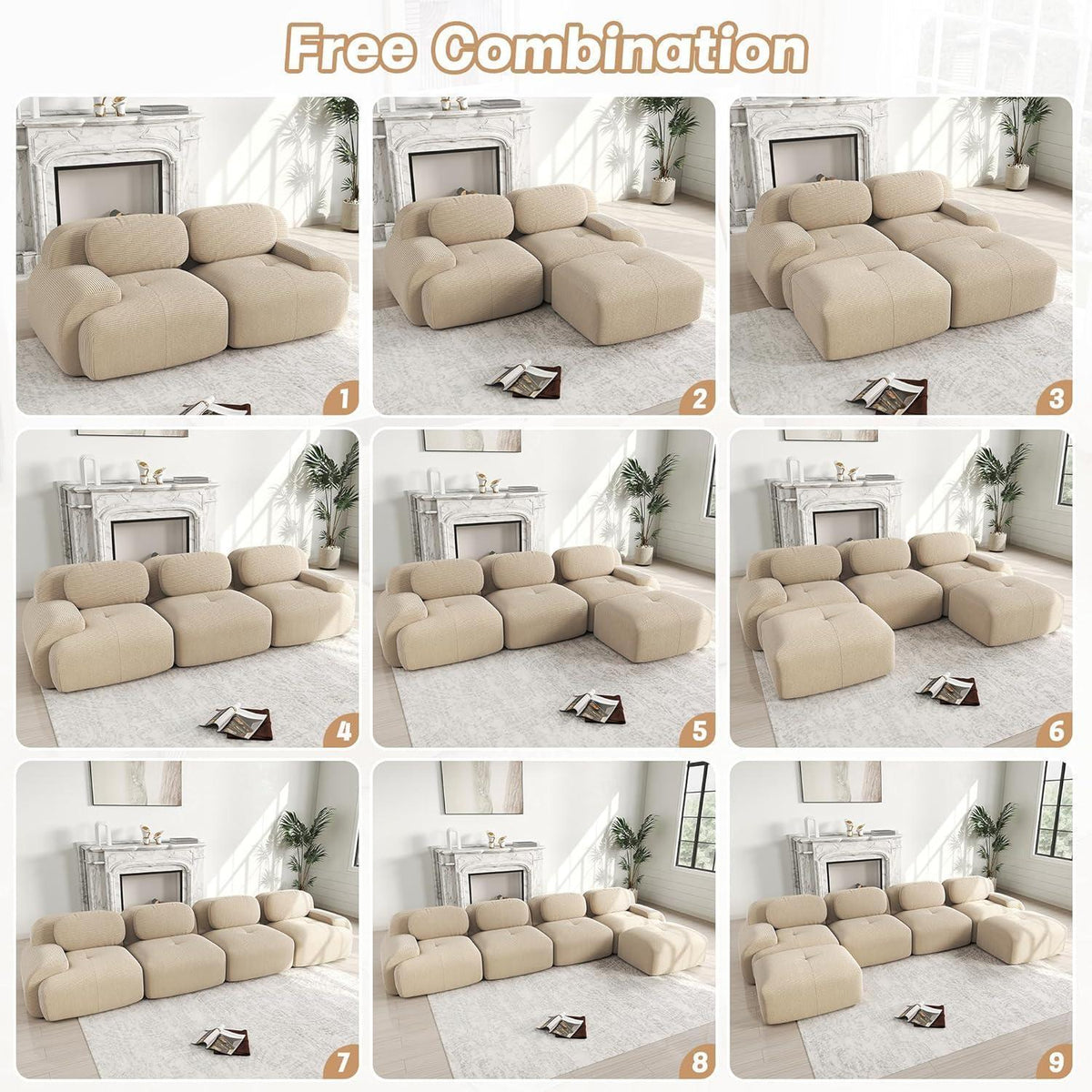 Modulares 3-Sitzer Cord Sofa mit Ottomane – Beige