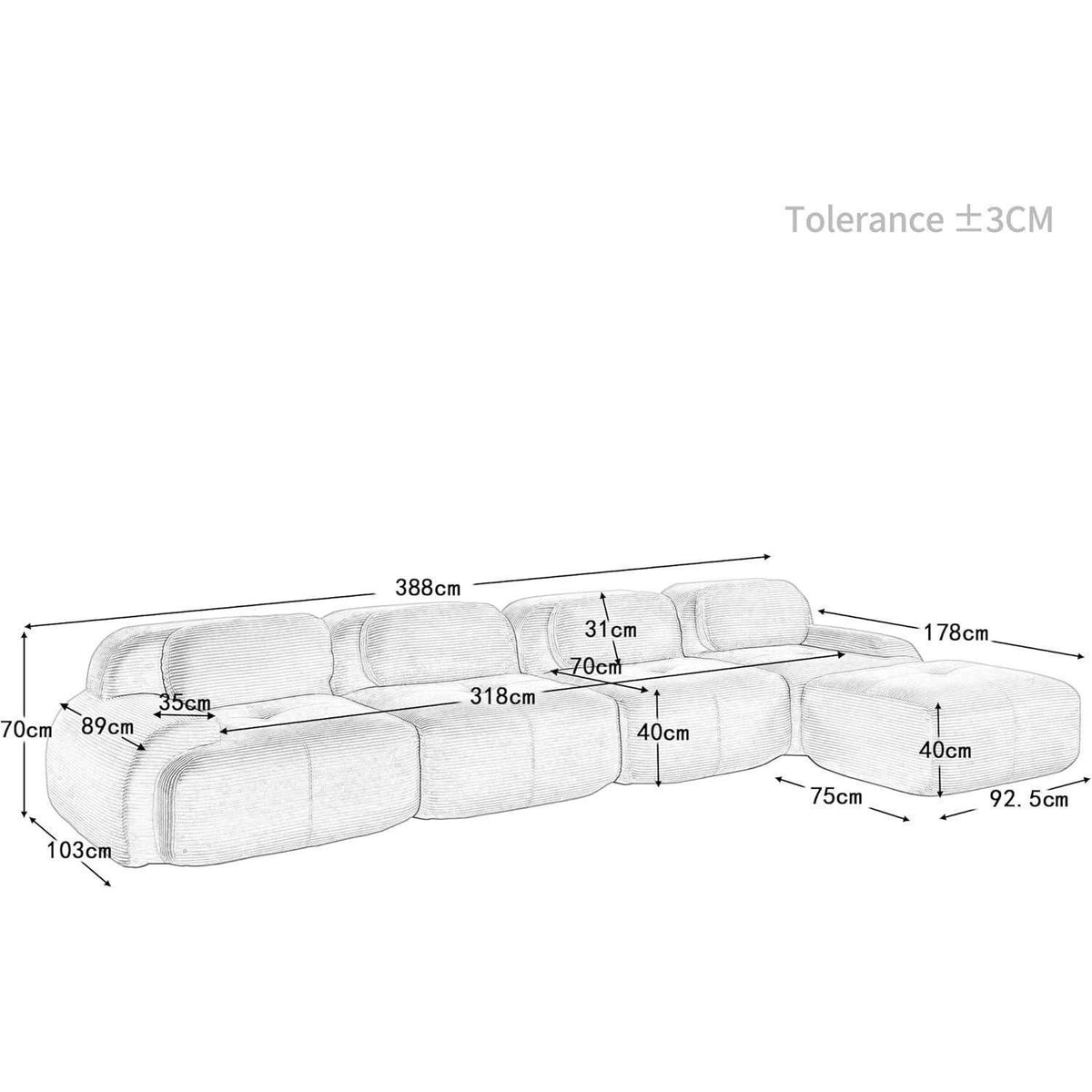 Modulares Cord Sofa 4-Sitzer mit Ottomane – Grün
