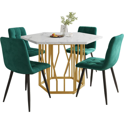Sechseckiger Esstisch Set Grün + Gold – 5-teilig, 115x100cm