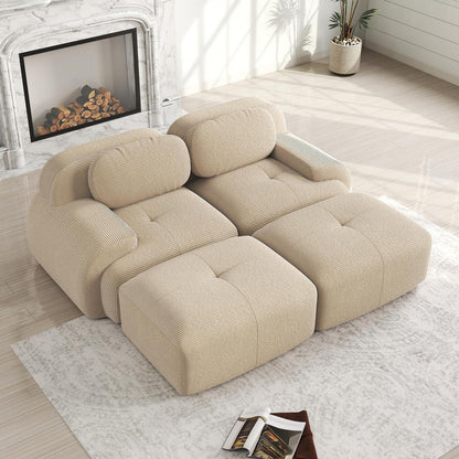 Modulares 2-Sitzer Cord Sofa mit Ottomane – Beige